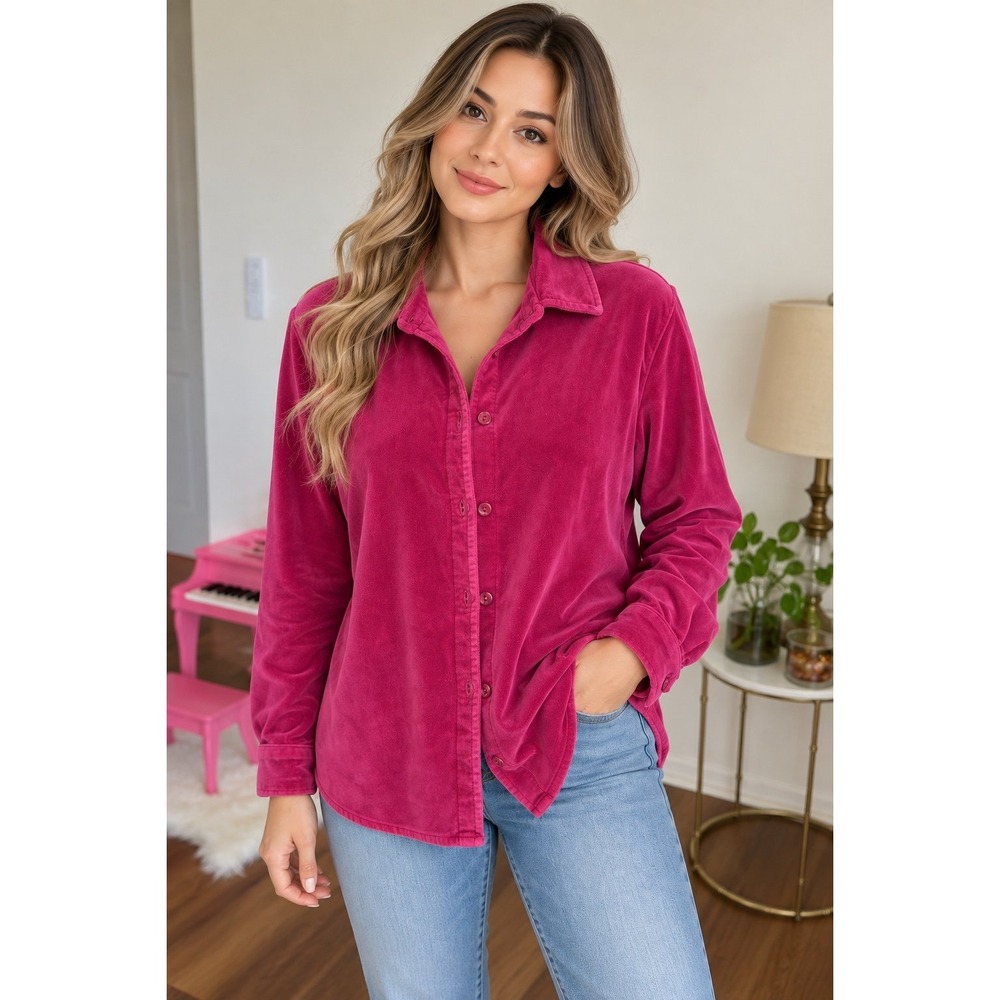 Vtg LL Bean Womens Small Raspberry Pink Cotton Corduroy Button Down Shirt 0N407